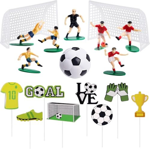 Lukinuo Fußball Kuchen Topper 18pcs Fußball Ball Spieler Kuchen Dekorationen Fußball Ball Tor Kuchen Cupcake Toppers Fußball Spieler Figur für Männer Jungen Fußball Sport Theme Party Supplies