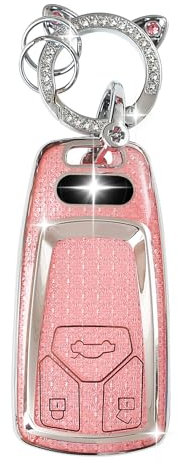 ZVRSUA Coque de Clé de Voiture pour Audi，Joli Porte Clé Voiture en Argent Incrusté de Diamants，Accessoire Voiture Compatible avec Audi A4 S4 RS4 B9 A5 F5 S5 RS5 A6 A7 C8 A8 S8 D5 Q2 Q5 (Rose)