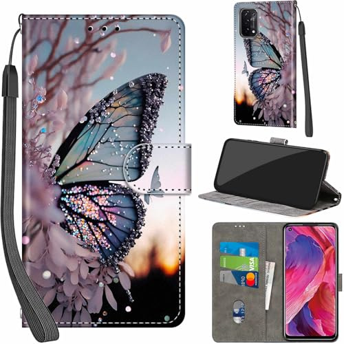 Handyhülle für Oppo A54 / A74 5G Hülle Leder Wallet Schmetterling | 3 Kartenfächer & 1 Geldfach, Magnetverschluss, Ständerfunktion, robuste premium PU leder klapphülle für Oppo A93 / A93s 5G