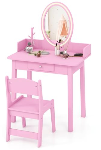 COSTWAY 2 in 1 Kinder Schminktisch mit Hocker, Frisiertisch mit Beleuchtung | Schminkkommode aus Holz mit Schublade & Schmuck-Organizer, Kosmetiktisch Prinzessin für Mädchen ab 3 Jahren (Rosa)