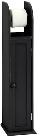 Free Standing Wooden Toilet Paper Roll Holder & Storage Cabinet – Black Bathroom Organizer with Top-Mounted Holder, Internal Shelf & Extra Storage – W18 x D20 x H79cm