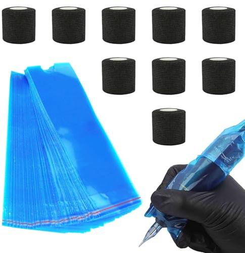 JDCMEI 200 Pièces Housses de Stylo de Tatouage Jetables, Housses pour Machines à Tatouer avec 9 Self Adherent Elastic Bandage, Manchons de Stylo de Machine Couvertures Jetables pour Machines à Tatouer