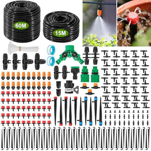 Yesaler Sistema de Riego Jardín Kit Riego por Goteo 60M+15M Tuberías de Riego para Jardin Invernadero Césped Patio Terraza 312 Piezas