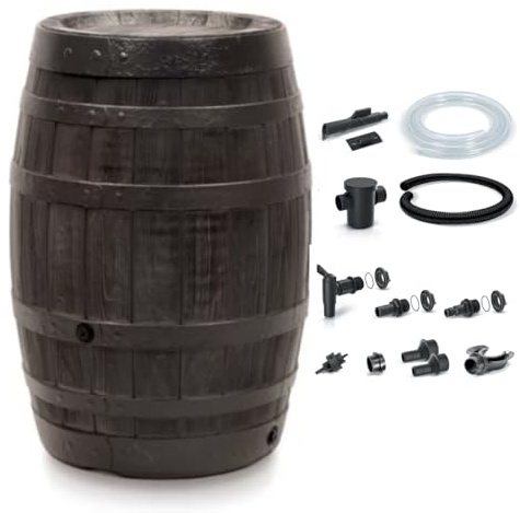 Rainwater Tank Natural Wood Effect Barrel Container With Bib Tap & Connection Kit 250L / 430L Polyethyene, Brass Outlet Water Collection System (430L)