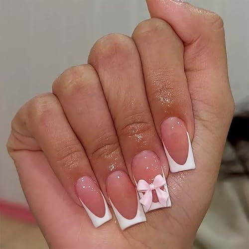 French False Nails Medium - 24Pcs Pink Press on Nails with Pink Bow - Stick on Nails with Glue - Square French Fake Nail - Glossy Full Cover Glue on Removable Nail DIY Nail Art