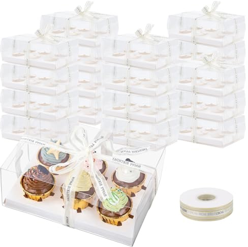 MUKSUET 20 Pack Clear Cupcake Boxes, Holds 6 Cup Cakes with Inserts, Plastic Cupcake Containers with Ribbon for Party Cookies Dessert Pastry Muffins