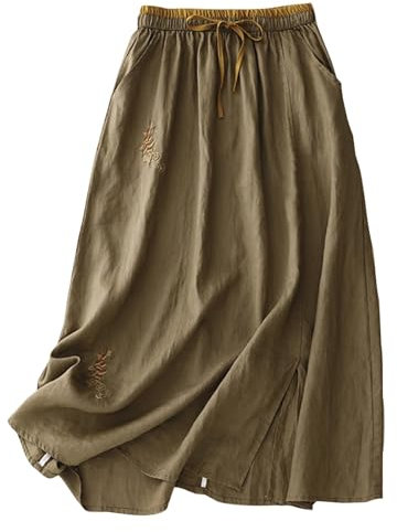 Kleoque Jupes d'été mi-longues en lin et coton pour femme - Taille élastique brodée - Décontractée - Longueur mi-longue - Légère - Style bohème - Solide - Pour la plage - Confortable, kaki, L