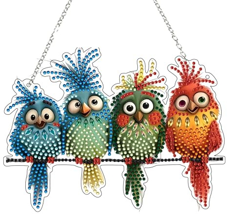 Diamond Painting Anhänger, Beidseitige Diamond Painting Fensterbilder, 5D DIY Diamant Painting Vogel Anhänger, Diamant Painting Türkranz mit Kette, für Fenster, Eingang & Wanddeko Haus Geschenk