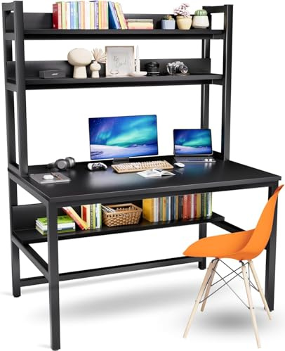 Aquzee Bureau avec ÉtagÈres, Bureau Noir 120 cm avec Rangement, Bureau Informatique Home Studio pour Bureaux à Domicile, Table de Travail Haute Gain de Place pour Bureau à Domicile