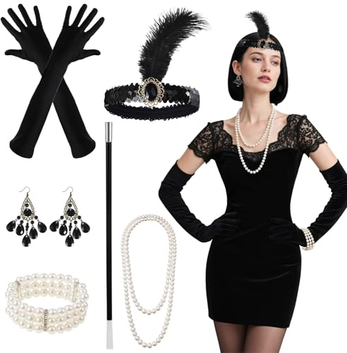 6 Teiliges 20er Jahre Accessoires 1920 Zubehör Set Gatsby Party Kostüme | mit Flapper Stirnband Handschuhen Perlenkette Armband Ohrringen 1920er Jahre Kostüm Damen Accessoires für Halloween Karneval