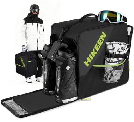 Hikeen Skischuhtasche mit Helmfach: Tasche Skischuhe Helm mit Mesh-Lüftungssystem Schischuhtasche Weitem Öffnungseinsatz und Eva-Einlage, Skischuh Tasche mit Schultergurte Geschenk–40L