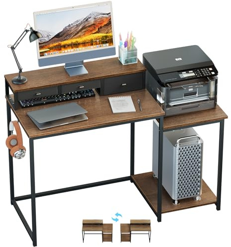 WOHOMO 120cm Computer Desk with 3 Drawers, Printer Shelf and Monitor Stand | Walnut Wooden Brown Home Office Desk with Reversible Storage Shelves and 2 Hooks, Workstation for PC Study Writing Gaming