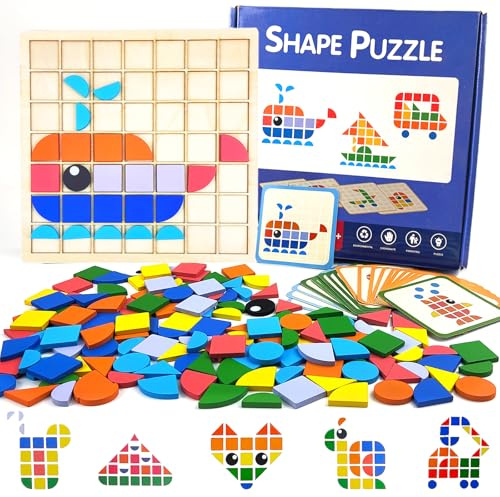 Guopai 140 Pezzi Tangram in Legno per Bambini, Puzzle a Mosaico Creativo con 20 Carte Modello, Giochi Montessori Educativi, Giocattolo Logico Regalo per Ragazzi e Ragazze dai 3 Anni