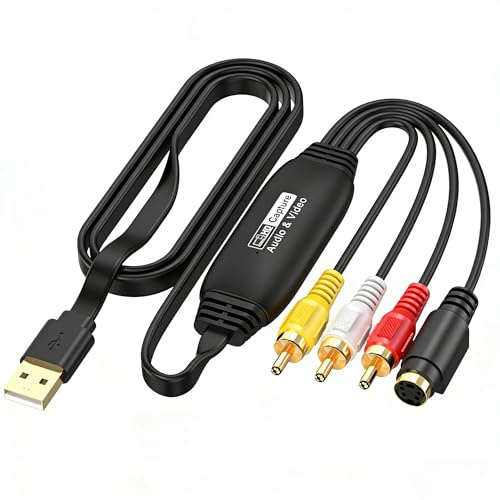Videoaufnahmekarte, CVBS + S-Video auf USB Adapter für VHS VCR DVD Kamera Spielkonsole, 1080P HD Capture Gerät für Live-Streaming/Aufnahme mit OBS, kompatibel mit Windows/Mac/Linux/Android