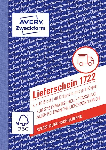AVERY Zweckform 1722 Lieferschein (DIN A6, selbstdurchschreibend, von Rechtsexperten geprüft, für Deutschland und Österreich geeignet, 2 x 40 Blatt) weiß, gelb
