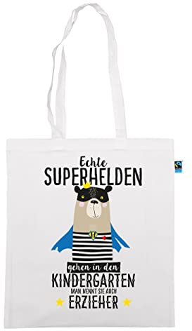 clothinx Erzieher Stoffbeutel Spruch - Echte Superhelden gehen in den Kindergarten man nennt sie auch Erzieher - Geschenkidee - Bio & Fair Weiß