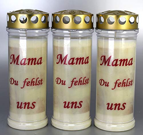3 Stück Grablichter, Grabkerzen, 3er Set mit Spruch Mama, Größe 21x7,5 cm (3938) Brenndauer ca. 7 Tage je Grablicht – Elegante Gedenkkerzen, Trauerkerzen mit Spruch. (3938)