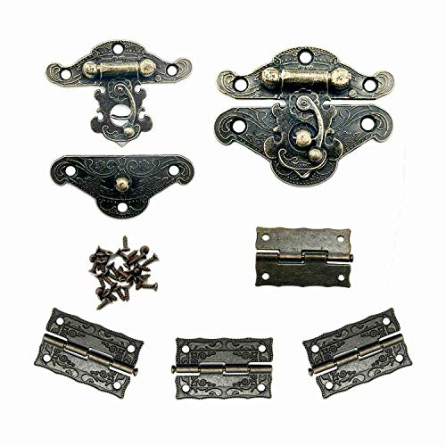 WJUAN 2 Stück Retro Antik Design Möbel Schrank Dekorative Jewelry Box Verriegelung und 4 Stück Vintage Scharnier (Einem Drehwinkel von 315 Grad), mit Genügend Bronzefarbenen Schrauben