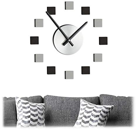 Relaxdays Wanduhr DIY, Uhr Wandtattoo zum Kleben, Größe variabel, modernes Zifferblatt, 3D Wanduhr, silber/schwarz/grau, 1 Stück