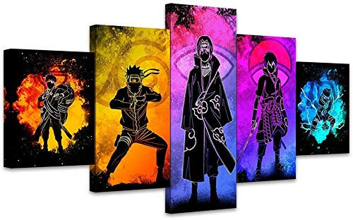 Impression sur Toile Naruto 5 Pièces Avec Cadre Peinture sur Toile Sasuke Anime Photos pour Salon Chambre décorations pour la Maison (Avec Cadre 60x100cm)