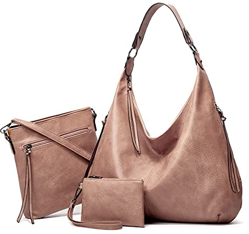 Ashioup Soft PU Leather Zip Tote Bags for Women, Pink Three-piece Suit, One Size