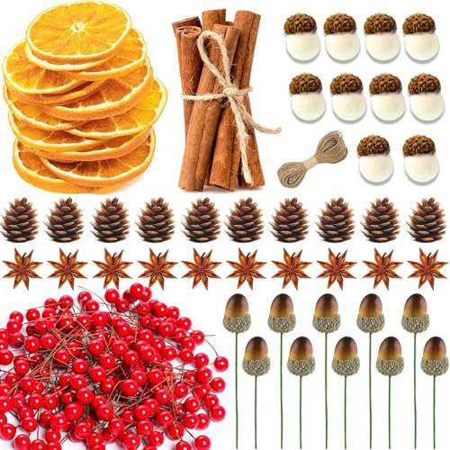 Corona de Navidad Decoraciones,Bayas artificiales, rodajas de naranja frutas secas, palos de canela,para corona de Navidad, floristería, manualidades, difusor de aroma natural, 220 unidades