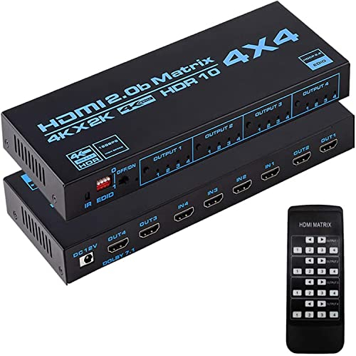 Selector de Matriz 4X4,Matriz 4K HDMI 4 entradas 4 Salidas Matriz HdMI 2.0 Puertos 4x4 Soporta 4K @ 60Hz 4K Dolby Vision HDR HDCP 2.2 Soporte de Mando a Distancia