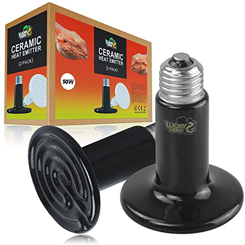 LUCKY HERP Ceramic Heat Emitter, Reptile Heat Lamp Bulbs 50W 2Pack, Ceramic Heat Lamp for Reptiles, E27 Vivarium Heat Light for Tortoise, Puppy, Chick, Turtle, Dog, Cat, Bearded Dragon