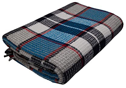 GLAESER Wohndecke Fair Deluxe Cotton All Seasons | Wolldecke aus 50% Baumwolle, 30% Polyester, 20% Acryl | Couchdecke/Sofadecke | Kuscheldecke | Wolldecke mit Fransenborde (Blau/Schwarz/Grau Kariert)