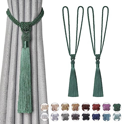 Pretty Jolly Langen Quasten Vorhang-Raffhalter Handmade geflochtene Seil Knoten drapierte Raffhalter Elegante dekorative Vorhanghalter für Zuhause und Büro, Grün, 2 Stück