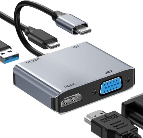 ABLEWE USB C zu HDMI VGA Adapter, 4K@30Hz 4-in-1-USB-C-Multiport-Adapter Thunderbolt 3 auf HDMI VGA,PD-Ladeanschluss, USB 3.0-Anschluss (MacBook/MacBook Pro/Air, Chromebook Pixel, Dell XPS13)