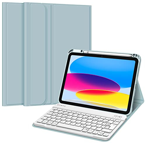 FINTIE Tastatur Hülle für iPad 11.Generation 11 2025, iPad 10. Generation 2022 10.9, Schutzhülle mit TPU Rückschale, Pencil Halter und magnetisch Abnehmbarer Tastatur mit QWERTZ Layout, Eisblau