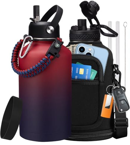 Bouteilles d'eau en acier inoxydable de 1,9 l avec couvercles à paille, carafe d'eau réutilisable isotherme sous vide avec sac de transport, bouteille d'eau en métal anti-fuite pour sport, gym