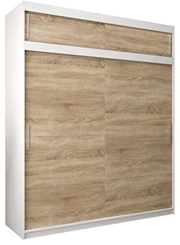 MEBLE KRYSPOL Tokyo 200 Kleiderschrank mit Zwei Schiebetüren für Schlafzimmer – moderner Aufbewahrungsschrank mit Kleiderstange und Regalen – 200x240x62cm - Mattweiß + Sonoma mit Verlängerung
