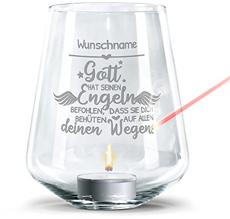 PR Print Royal Windlicht mit Gravur zur Taufe selbst gestalten - Gott hat seinen Engeln befohlen - mit Name gravieren - inklusive Teelicht, personalisiertes Taufgeschenk mit Kerze, Geschenk zur Taufe