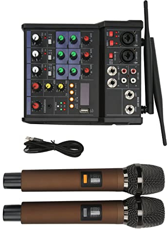 Piccolo Mixer Stereo Bluetooth con 2 Microfoni Wireless Mixer Audio a 4 Canali Processore Stereo Famiglia Mixer DJ per Live Streaming