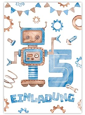 Minkocards 12 Einladungskarten zum 5. Kindergeburtstag Junge Roboter Einladungen zum fünften Geburtstag Kinder bunte Geburtstagseinladungen