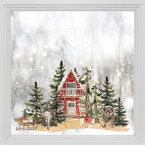 Alwayspon Statische Fensterfolie Privatsphäre, Doppelseitiger Fensteraufkleber, Anti-UV-Glasfolie für Weihnachtsdekoration, Rotes Haus Tanne T050