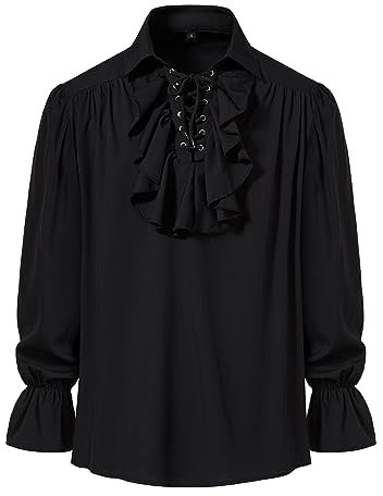 Men's Retro Renaissance Steampunk Victorian Long Sleeve Jabot Collar Medieval Pirate Lace Up Shirt Tops-Black-L