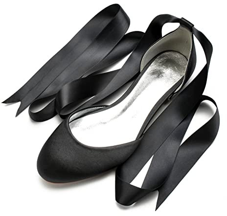 ZhiQin Ballerinas Wedding Shoes Women Flats Pumps Bridal Party Satin Dress Shoes with Ribbon,Black,7 UK