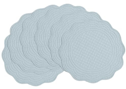 BALAPET Gesteppte Platzsets, 100 % Baumwolle, 35,6 cm, Bauernhaus-Stil, wendbar, rund, Tischplatte mit gewellten Kanten, für Küche, Abendessen, Party, Urlaub, 6 Stück, Wasserblau, 6 Stück