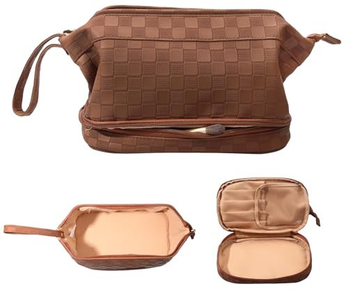 Abiudeng Kosmetiktasche Kulturtasche Kulturbeutel-Damen Schminktasche Groß Wasserdicht Make up Organizer Tasche Reisen Kosmetiktasche mit Pinselfach Make up Tasche Klein für Frauen-C-Braun