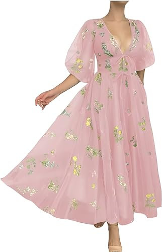 SWEMILE Robe en Tulle avec Broderies Florales Robe Ete Robe De Témoin De Mariage Robe Femme Chic et Elegant Soiree Robe Bal de Promo Col en V Robe Corset Moulante Sexy pour Femme