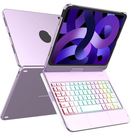 MMK Clavier pour iPad 11/10ème Génération (11 Pouces A16 2025/10.9 Pouces 2022), Èclairage Coloré à 7 Couleurs & Réveil/Veille Automatique, Smart Trackpad avec Porte-Stylet, Clavier Français AZERTY