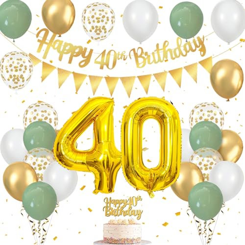 40 Geburtstag Deko Salbeigrün, Luftballons 40. Geburtstag mit Luftballons Grün Gold Weiß, Happy Birthday Girlande, Tortendeko Geburtstag, Wimpelkette Gold, für Deko 40 Geburtstag Frauen Männer