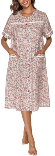 YOZLY Womens Duster Robe Embroidered Housecoat Short Sleeve House Dress Knee Length with Pockets S-3XL, Flowers, M
