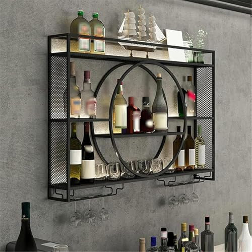 KEPMOGOH Modern Wall Mounted Wine Rack, Metal Wine Bottle Rack, Glass Rack Iron Display Stand, Wine Holder With Shelves, Champagne Stemware Glass Storage Rack For Bar Restaurant (Black, 120CM/47.2IN)
