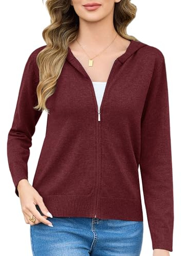 Aottori Cardigan Donna Elegante Autunno Cappotto a Maglia Cardigan a Maniche Lunghe Primavera Maglione Aperto con Zip e Cappuccio Bordeaux XXL