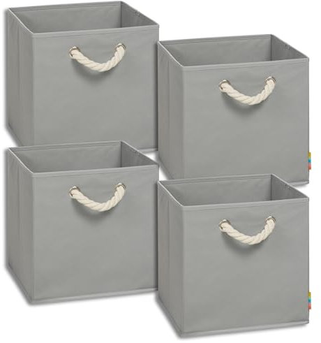 Storanda | 4er Set Aufbewahrungsbox | Kordel Griffband | Stabile & Faltbare Boxen | Regalboxen für Würfelregal Kallax | Ideal für Zuhause & Kinderzimmer | 30x30x30 cm | Grau