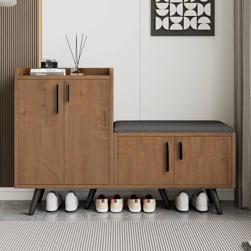 Merax Schuhschrank mit Sitzbank, Schuhbank mit Stauraum, 4 Stauraumtüren, asymmetrische Metallgriffen, Braun, B120/D34/H82 cm